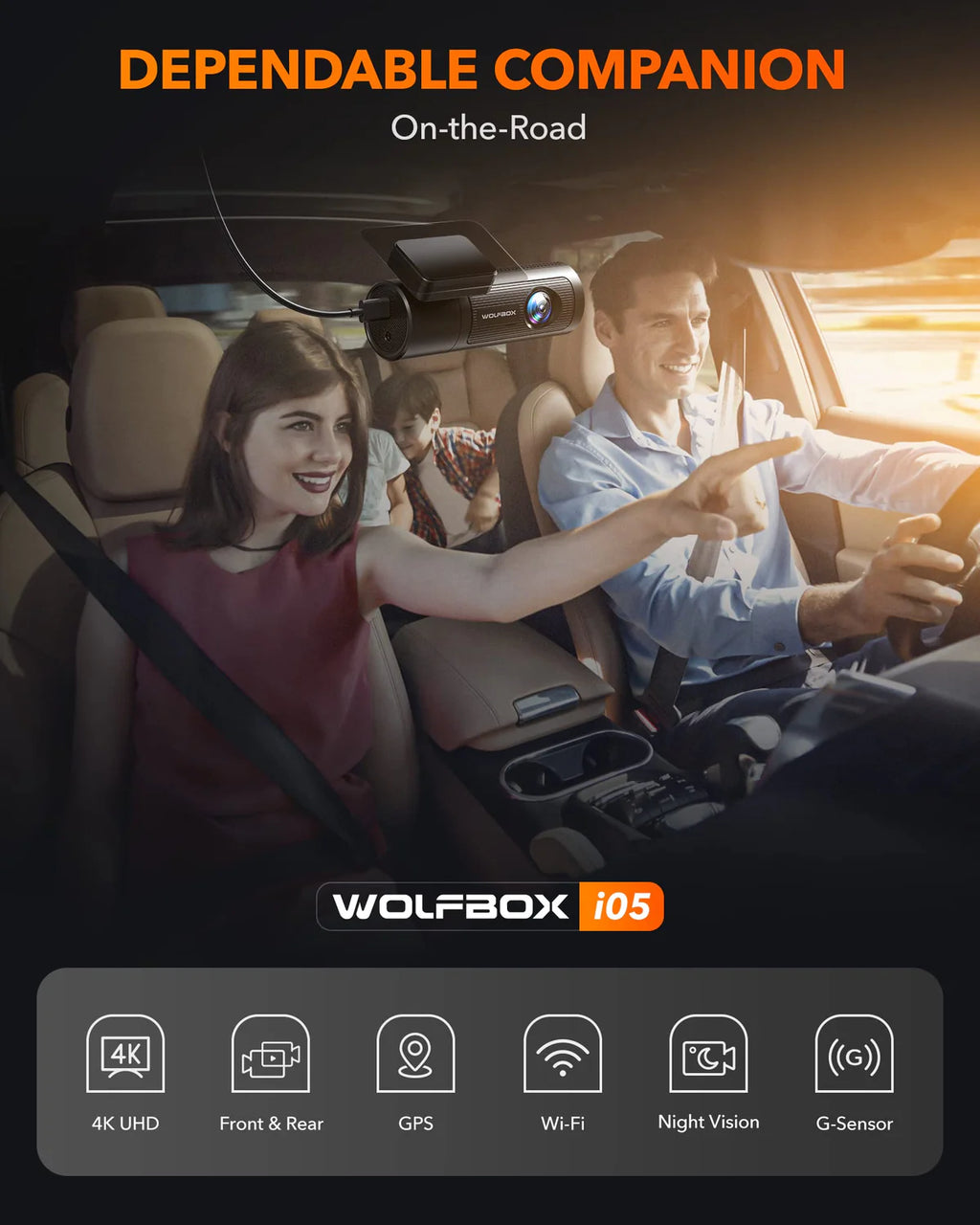 WOLFBOX Dash Cam Front and Rear with GPS WiFi UHD 2160P/1600P + 1080P