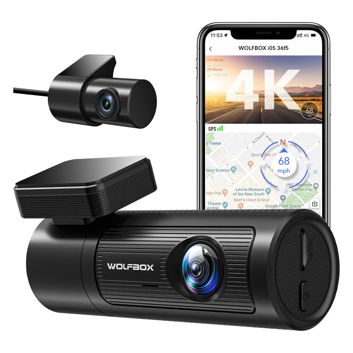 WOLFBOX Dash Cam Front and Rear with GPS WiFi UHD 2160P/1600P + 1080P