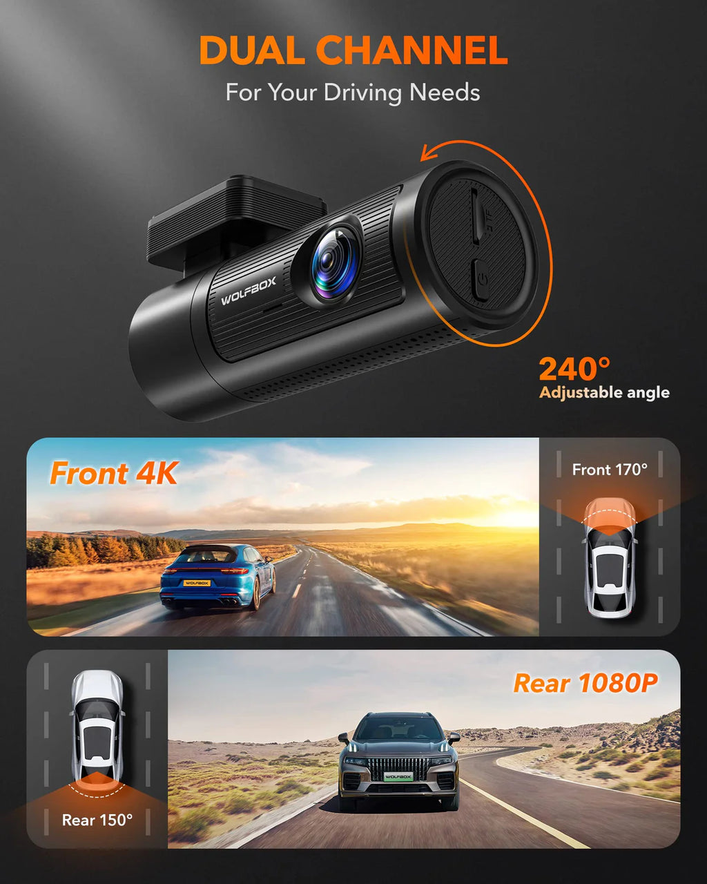 WOLFBOX Dash Cam Front and Rear with GPS WiFi UHD 2160P/1600P + 1080P