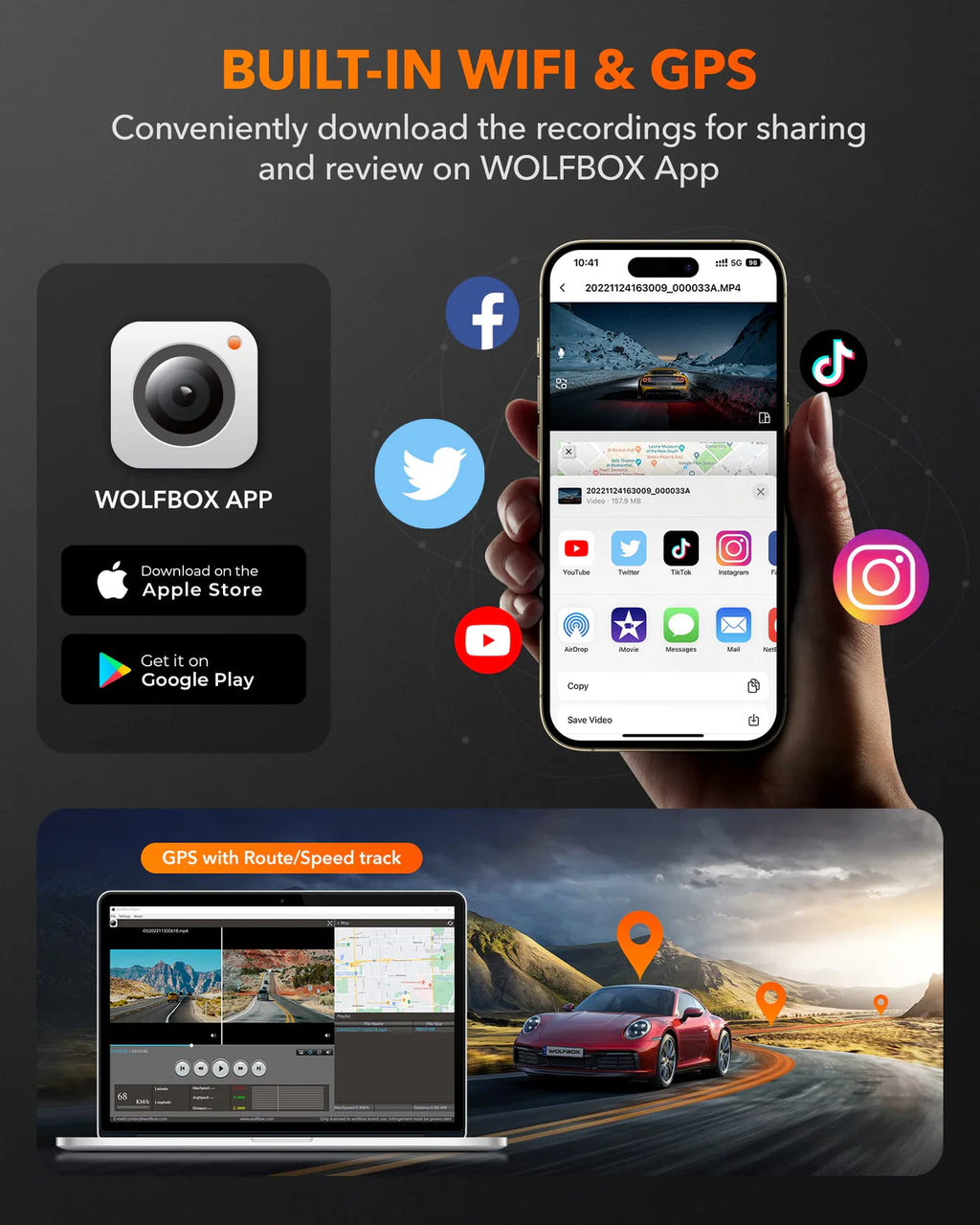 WOLFBOX Dash Cam Front and Rear with GPS WiFi UHD 2160P/1600P + 1080P