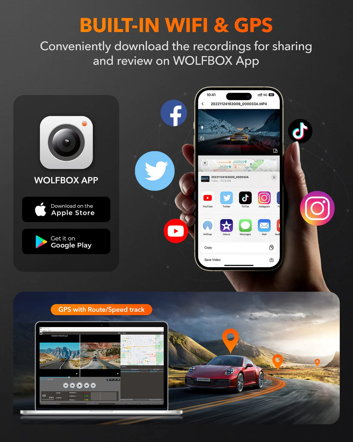 WOLFBOX Dash Cam Front and Rear with GPS WiFi UHD 2160P/1600P + 1080P