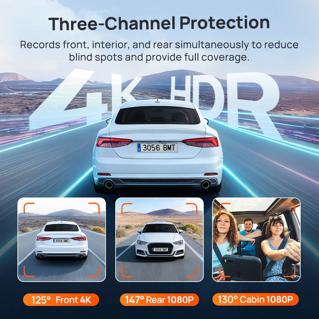 70mai Dash Cam 4K T800E, 3-Channel Front Interior Rear Car Camera, 4K HDR GPS